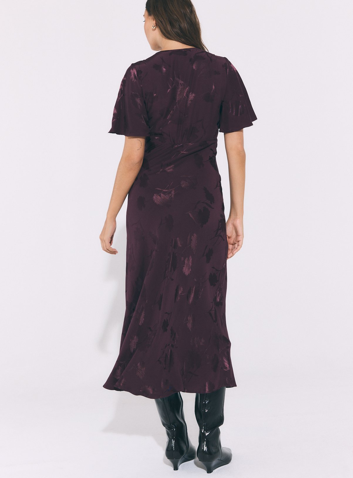 Burgundy Fluted Sleeve Jacquard Tea Dress 14 - Image 4 thumbnail